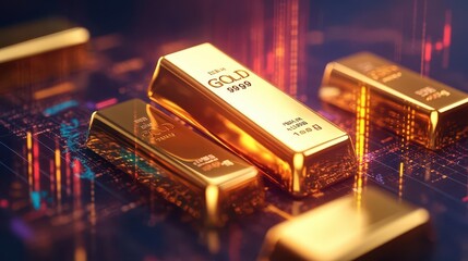 Shiny gold bars placed on a digital background, symbolizing wealth and investment in precious metals.