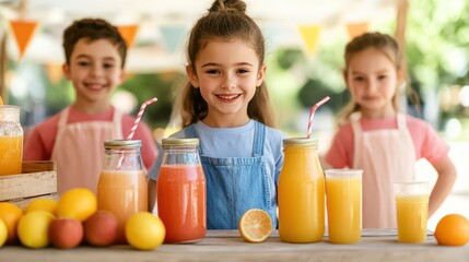 Three cheerful children stand behind a display of colorful fruit juices in jars, radiating joy and summer vibes.
