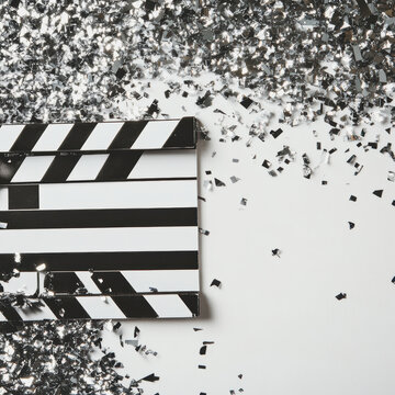 Film Clapboard Surrounded by Silver Confetti on a White Background