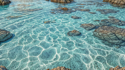 Crystal-clear water revealing vibrant coral formations against a serene ocean backdrop.