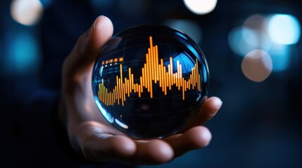 A hand holding a crystal ball displaying sound wave graphs in vibrant colors.