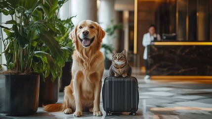A happy dog and a cat with a suitcase at a hotel lobby.