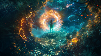 Obraz premium A person steps through a glowing portal into a surreal world, where vibrant shapes and unexpected creatures create a fantastical and otherworldly atmosphere.