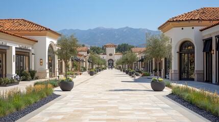 Upscale shopping street, mountain view, sunny day, retail stores
