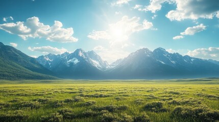 Naklejka premium Sunny day in mountain valley, green field, scenic background, travel postcard