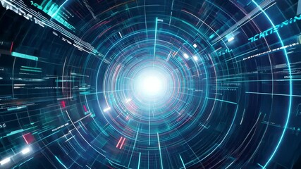Futuristic interface animation with rotating digital elements and blue light
