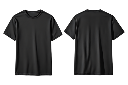 Black blank t shirt front and back mockup. T-Shirt template from two sides isolated on transparent and white background