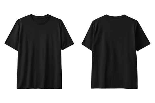 Black blank t shirt front and back mockup. T-Shirt template from two sides isolated on transparent and white background