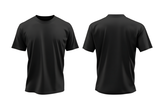 Black blank t shirt front and back mockup. T-Shirt template from two sides isolated on transparent and white background