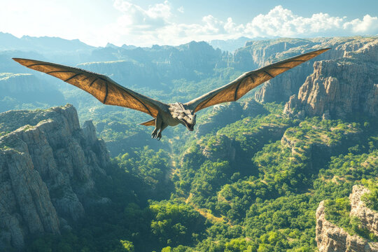 A Peteinosaurus Flying Over A Prehistoric Landscape, Detailed Wings, Dramatic And Ancient