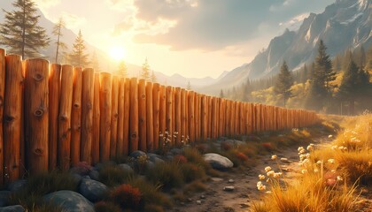 Fototapeta premium Long wooden fence stretching along a mountain path at sunset.