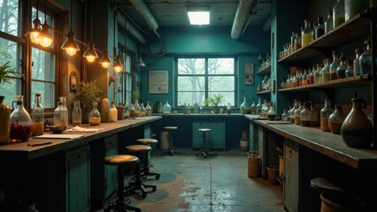 A dimly lit antique laboratory with aged wooden workbenches, filled with various glass containers, and vintage lighting fixtures, exuding a sense of mystery and forgotten scientific endeavors.
