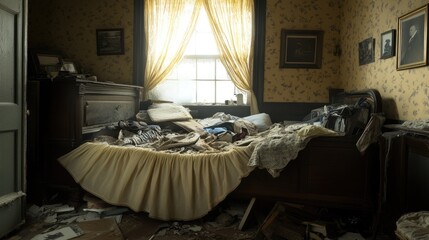 A side view of a bed showing hidden clutter behind a bed skirt.
