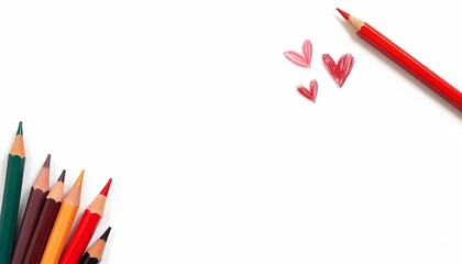 Naklejka premium Colored pencils drawing small hearts on white background.