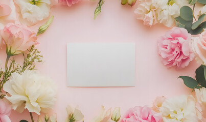 Beautiful Blank Card Surrounded by Delicate Pink and White Flowers