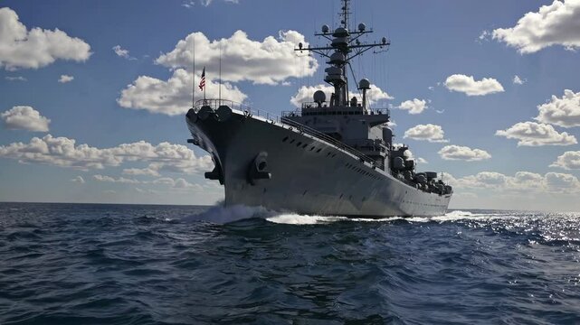 A low-angle video shot of a battleship cutting through ocean waves under a partly cloudy sky, emphasizing power and majesty at sea.