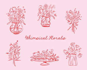 Set of whimsical hand-drawn wedding ceremony food and drink illustration trendy vintage style
