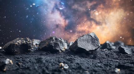 Meteorite fragments on rocky terrain, symbolizing cosmic exploration and scientific discovery