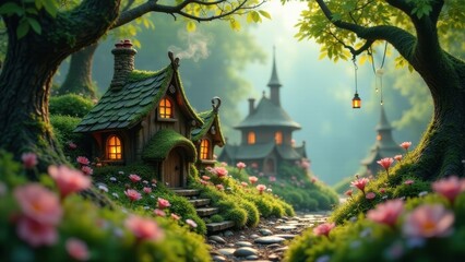 Naklejka premium Enchanted Forest Village Mossy Cottages, Blooming Flowers, and a Glimmering Lantern Light on a Stone Path