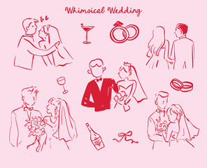 Set of whimsical hand-drawn wedding ceremony food and drink illustartion in trendy vintage style
