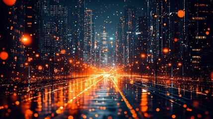 Night city street, glowing lights, futuristic cityscape, digital art, website background