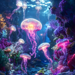 Underwater Enchantment: A mesmerizing underwater scene unfolds, with ethereal jellyfish gracefully drifting amidst vibrant coral reefs, their forms illuminated by soft, otherworldly light.