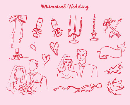 Set of whimsical hand-drawn wedding ceremony food and drink illustartion in trendy vintage style
