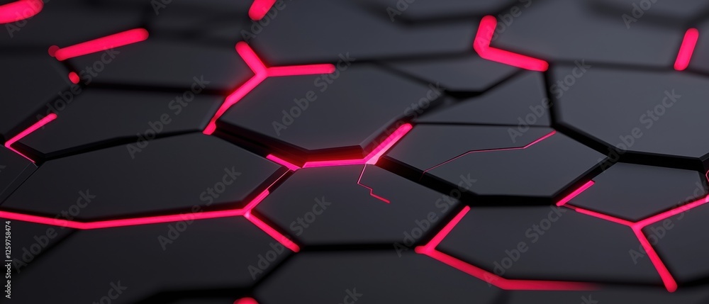 Poster a 3d rendering of a cracked black hexagonal surface with glowing red lines.