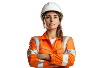 Confident female construction worker wearing safety helmet and uniform isolated on white or transparent, PNG