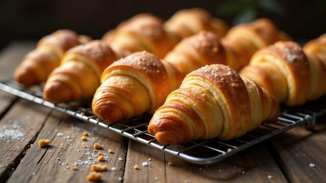 Golden-brown pastries arranged on a wire rack, a delectable display of freshly baked croissant delights