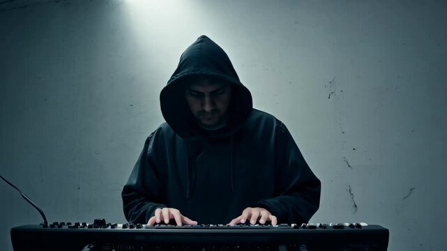 Hooded hacker typing in dark room: cybersecurity threat concept