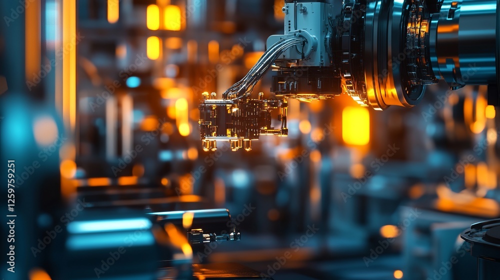 Poster automated robotic arm in factory setting.