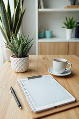 The image shows a wooden table with a clipboard, a pen, and a cup of coffee