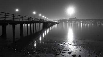 Night pier, calm water, city lights, moonlit scene, travel photography