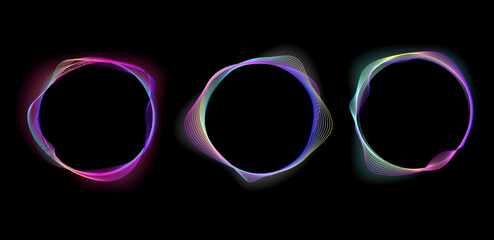 Abstract neon soundwave circles with smooth, glowing gradient lines set for banner,music visuals, audio equalizer, digital art, sci fi themes, tech branding, futuristic backgrounds.Vector illustration