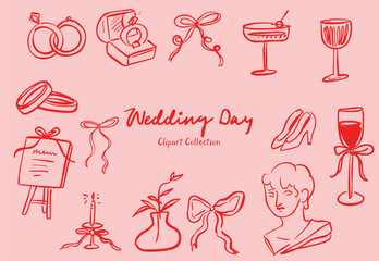 Set of whimsical hand-drawn wedding ceremony illustration in trendy vintage style
