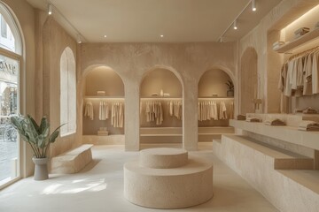Modern boutique retail space featuring sculptural cloth urban location interior design minimalist environment aesthetic viewpoint