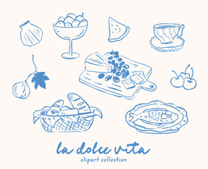 Set of whimsical hand-drawn dolce la vita illustration in trendy vintage style
