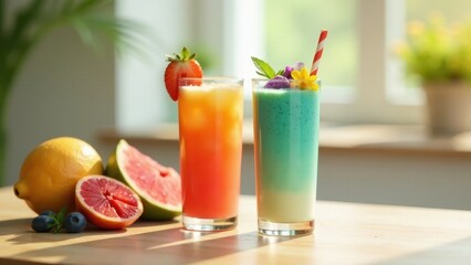 Fototapeta premium Refreshing Summer Fruit Smoothies in Tall Glasses on Wooden Table