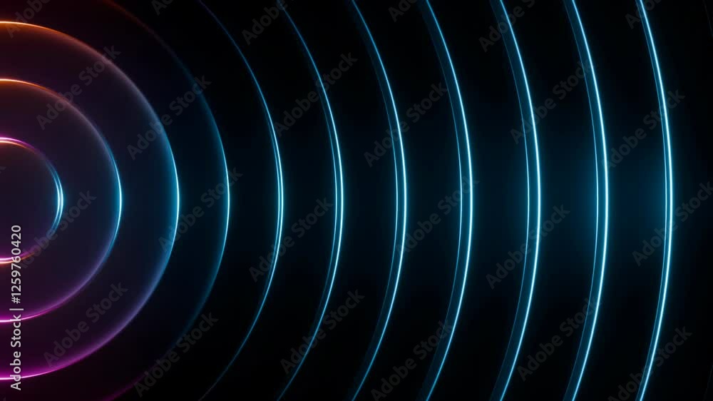 Wall mural abstract futuristic background animation of dark 3d rings wave motion with glowing blue and purple l