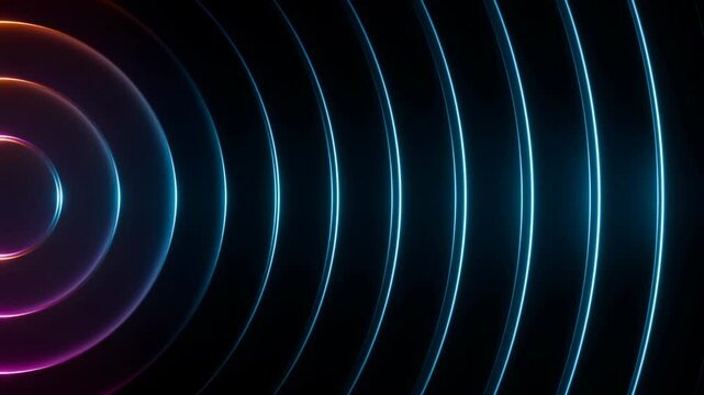 abstract futuristic background animation of dark 3d rings wave motion with glowing blue and purple lights, 4k seamless corporate background loop 