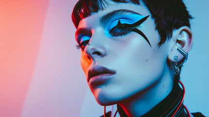 Obraz premium A striking portrait of a young person with bold, graphic eyeliner and futuristic accessories, exuding confidence and defiance. Their gaze is intense, set against a sleek, modern background.