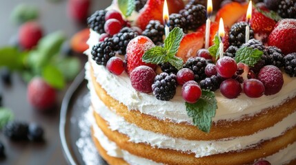 Delicious Birthday Cake Close-Up with Fresh Berries and Burning Candles