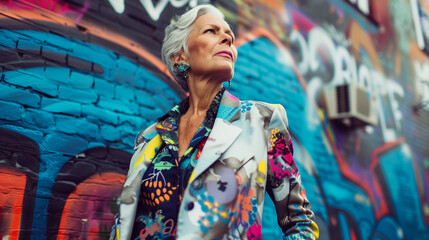 Obraz premium An older woman exudes confidence in a power suit covered in bold graffiti art, symbolizing rebellion, creativity, and energy at any age. She stands tall, radiating style, strength, and individuality