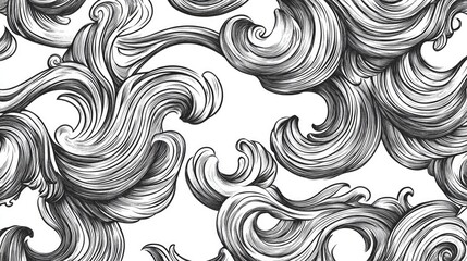 Seamless hand-drawn sea wave pattern isolated on white background