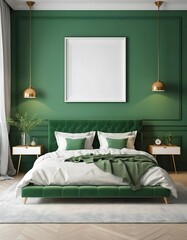 Elegant green bedroom interior with white frame and gold pendant lights