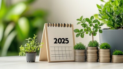 A calendar with the year "2025" written on it, standing next to stacks of coins and sprouting plants, creating an atmosphere of business growth in financial activities, tax, investment