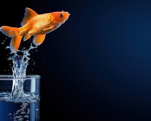 A vibrant goldfish leaps from its glass tank, creating a splash in the air.