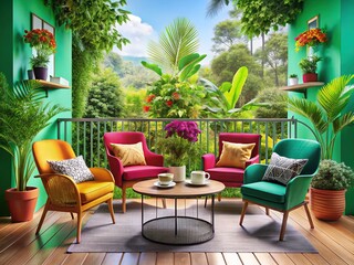 Fototapeta premium Coffee Table and Armchairs with Tropical Plants on Balcony