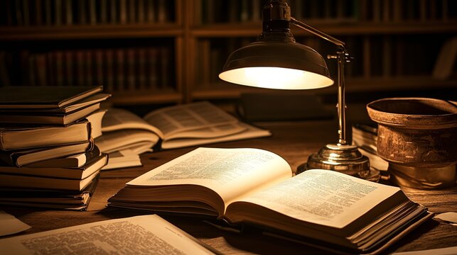 Study Lamp: A focused beam of light illuminating open books and notes during a late-night session.